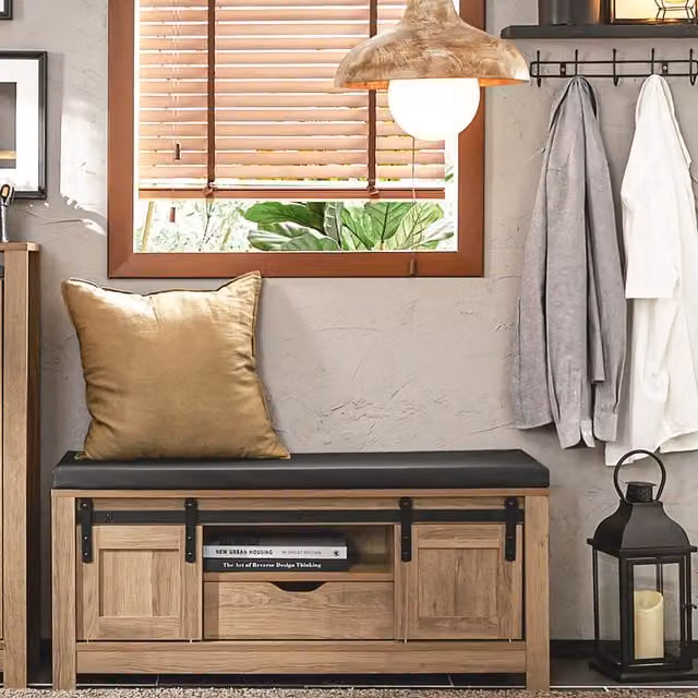 SoBuy Industrial Shoe Bench with 2 Sliding Doors in Brown