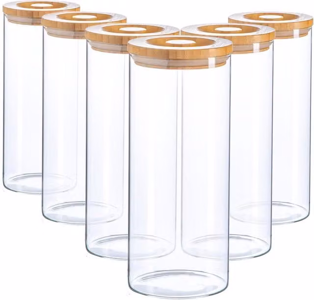Argon Tableware Airtight Glass Storage Jars with Wooden Lids, Transparent and White, 1.5 l, Pack of 6