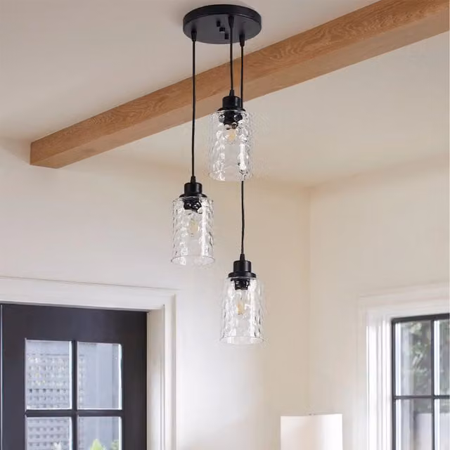 Livingandhome 3-Light Modern Suspended Chandelier with Transparent Wave Glass Lampshades in Black