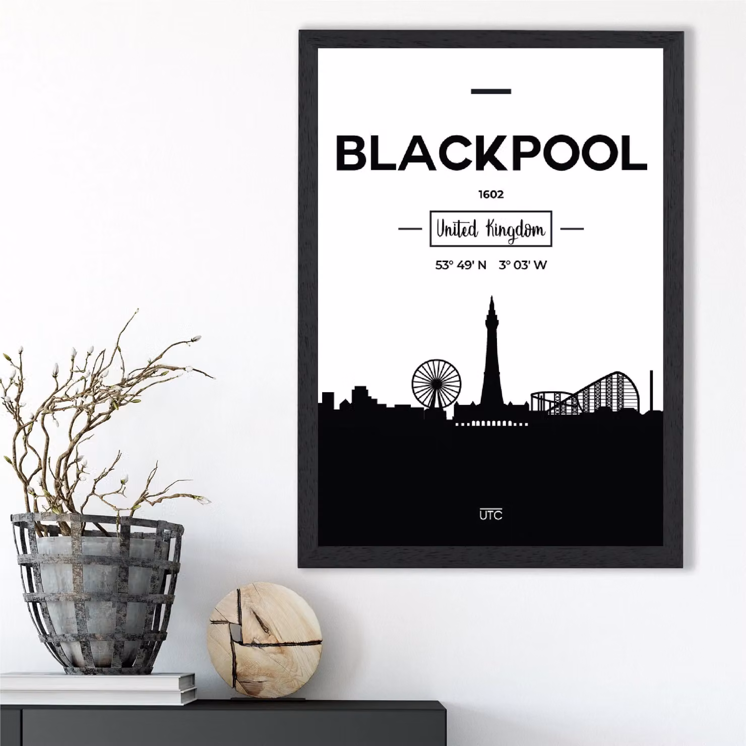 ARTZE Blackpool Black and White City Skyline Framed Print in Black Frame, A2 – 2