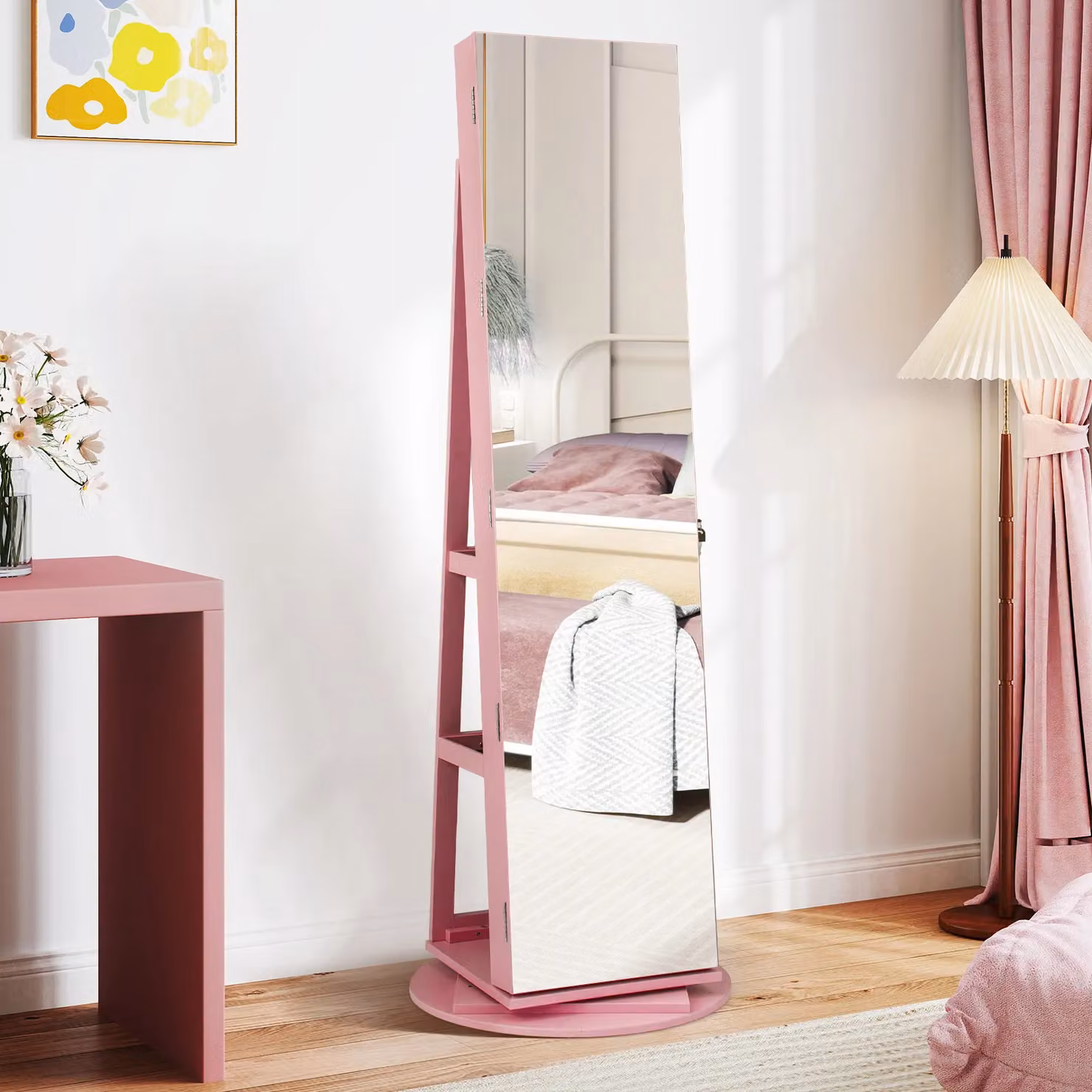 Costway 360 Rotating Standing Jewelry and Makeup Armoire with LED Lighting and Lock in Pink – 4