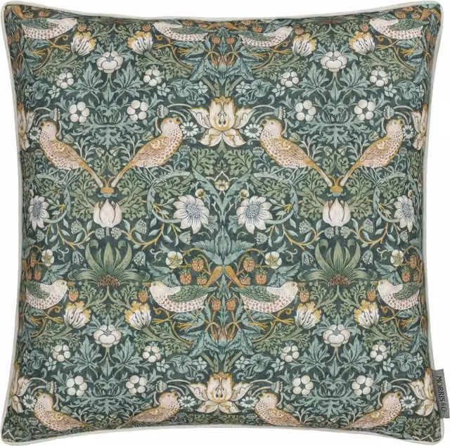 Morris & Co. Strawberry Thief Piped Outdoor Filled Cushion, Forest Green, W x D: 50 x 50 cm