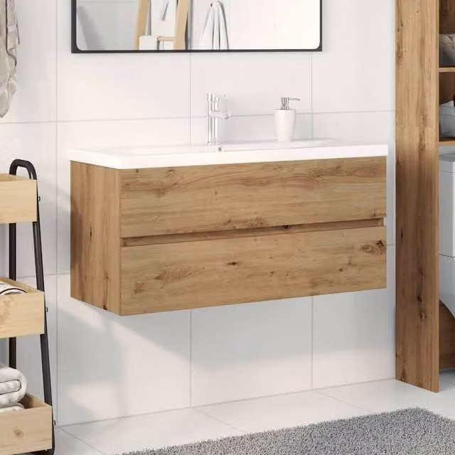 Berkfield Home Artisan Oak Sink Cabinet with Built-in Basin and Faucet in Brown and White, W/D/H: 100 x 45 x 38.5 cm – 1