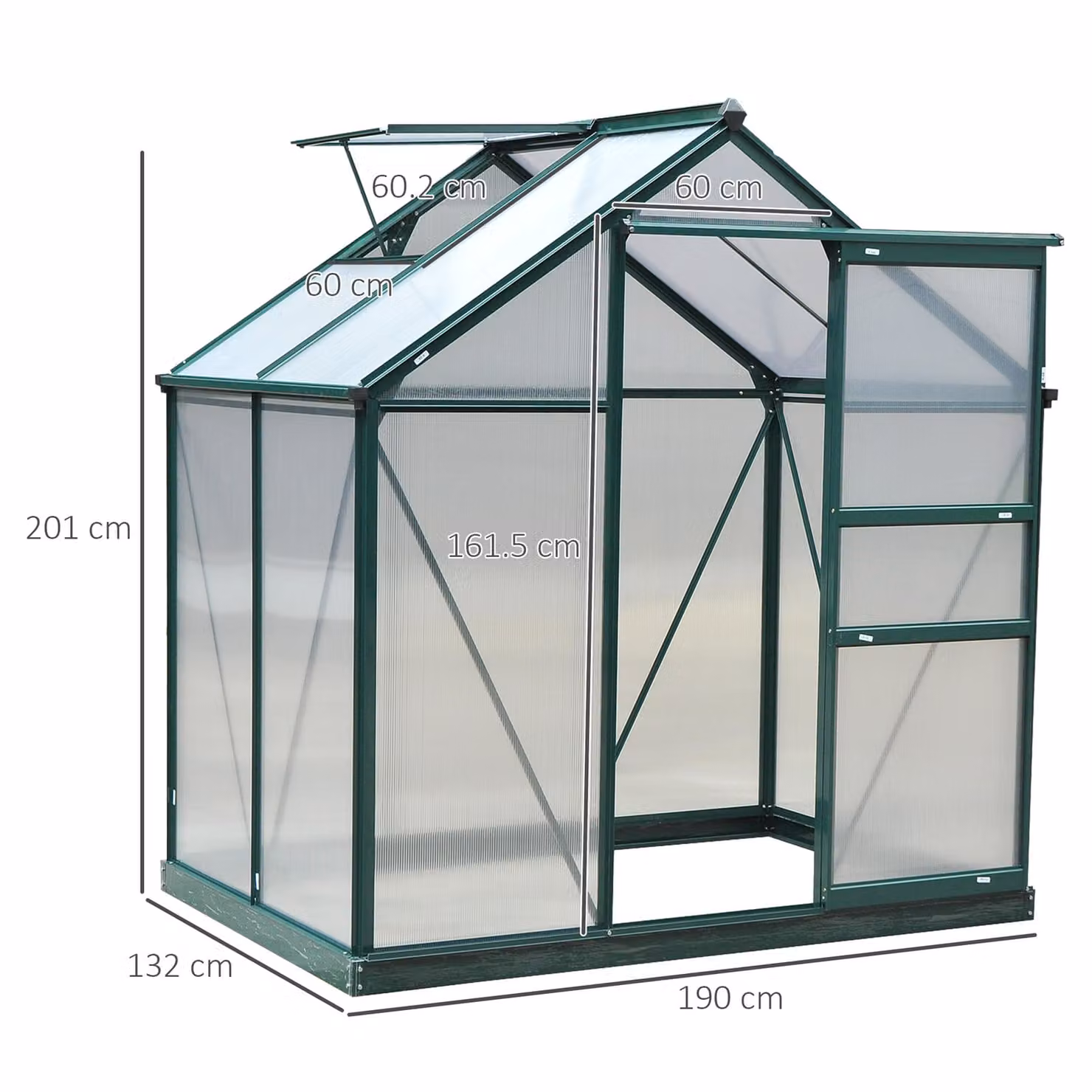 Outsunny Large Walk-In Greenhouse with Polycarbonate Panels, Aluminium Frame and Galvanised Steel Base, W: 1.3 m, D: 1.0 m, H: 2.0 m – 3