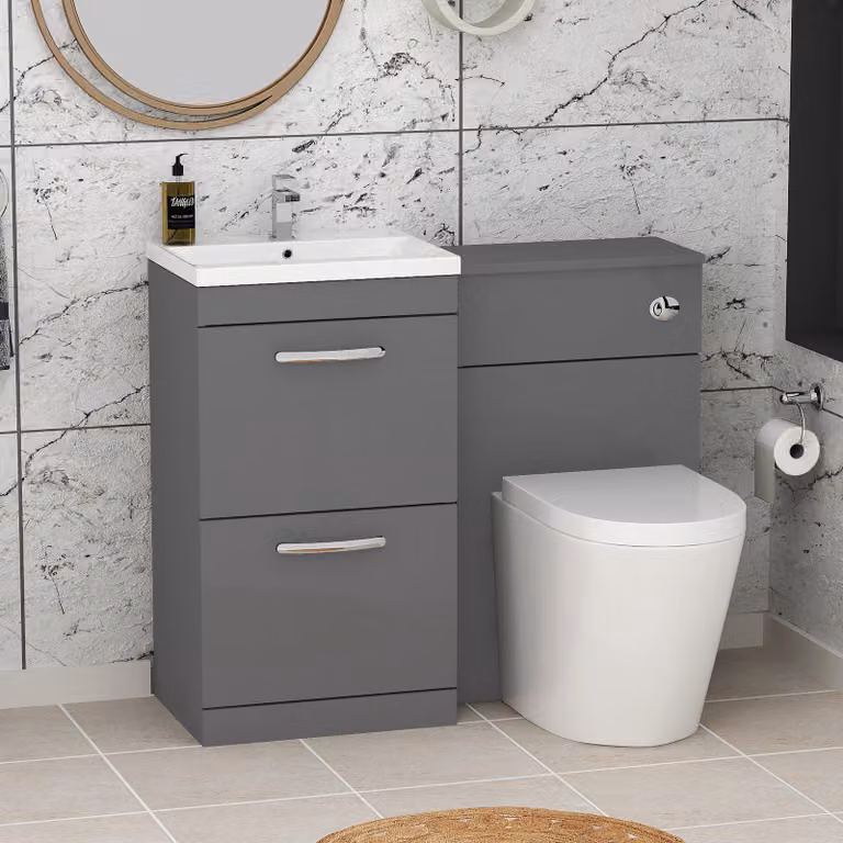 Royal Bathrooms Turin 1000mm Indigo Grey Gloss 2-Drawer Mid-Edge Basin and Cesar Back to Wall Toilet Pack