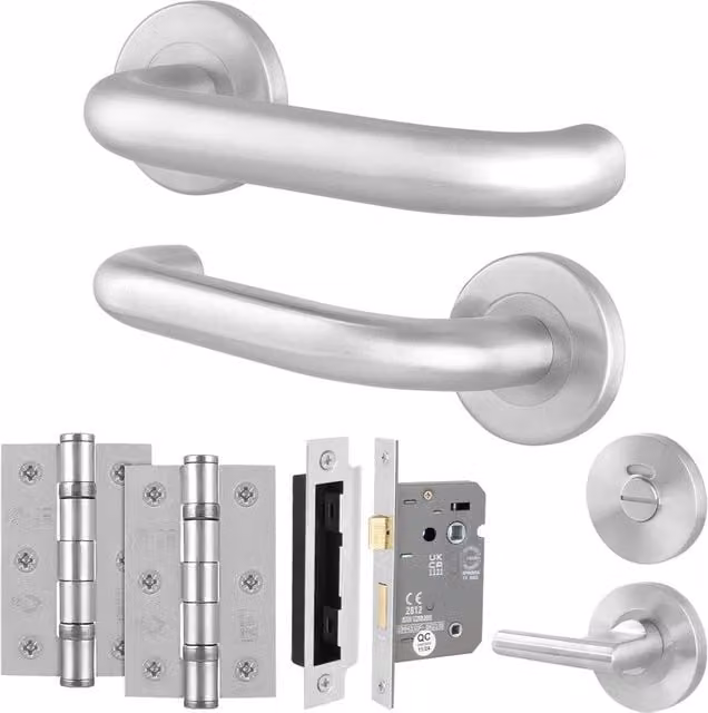 AFIT Satin Stainless Steel Return to Door Handles with Bath Lock and 64mm Hinges, Silver, W/H: 150 x 150 mm