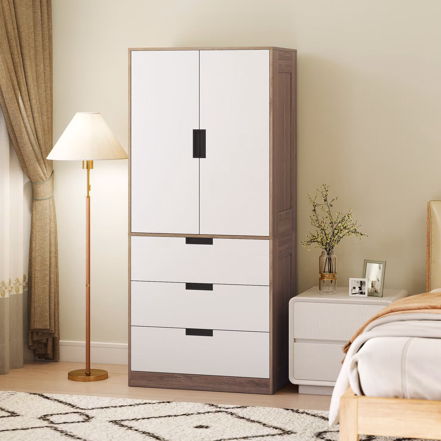 HOMCOM Modern 2 Door Wardrobe with 3 Internal Drawers and Hanging Rod, Brown – 4