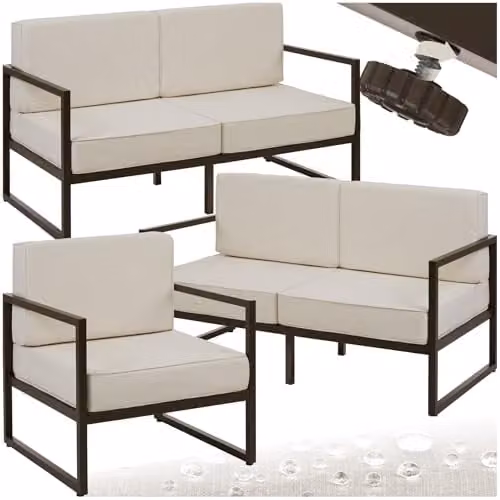 tectake Minimalist Garden Furniture Set with Two 2-Seater Sofas and One Lounge Armchair, Featuring Powder-Coated Steel Frames and Upholstered Foam Cushions with Removable Covers