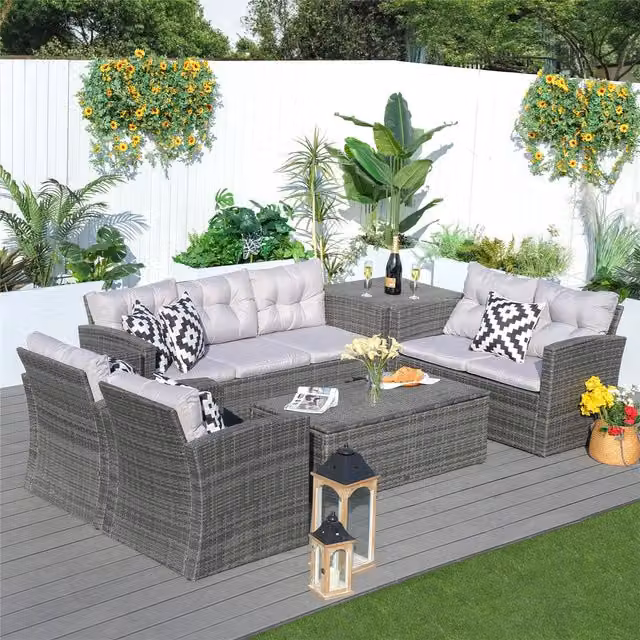 Direct Wicker 7-Seat Outdoor Rattan Garden Sofa Set with Storage Box and Cushions in Grey