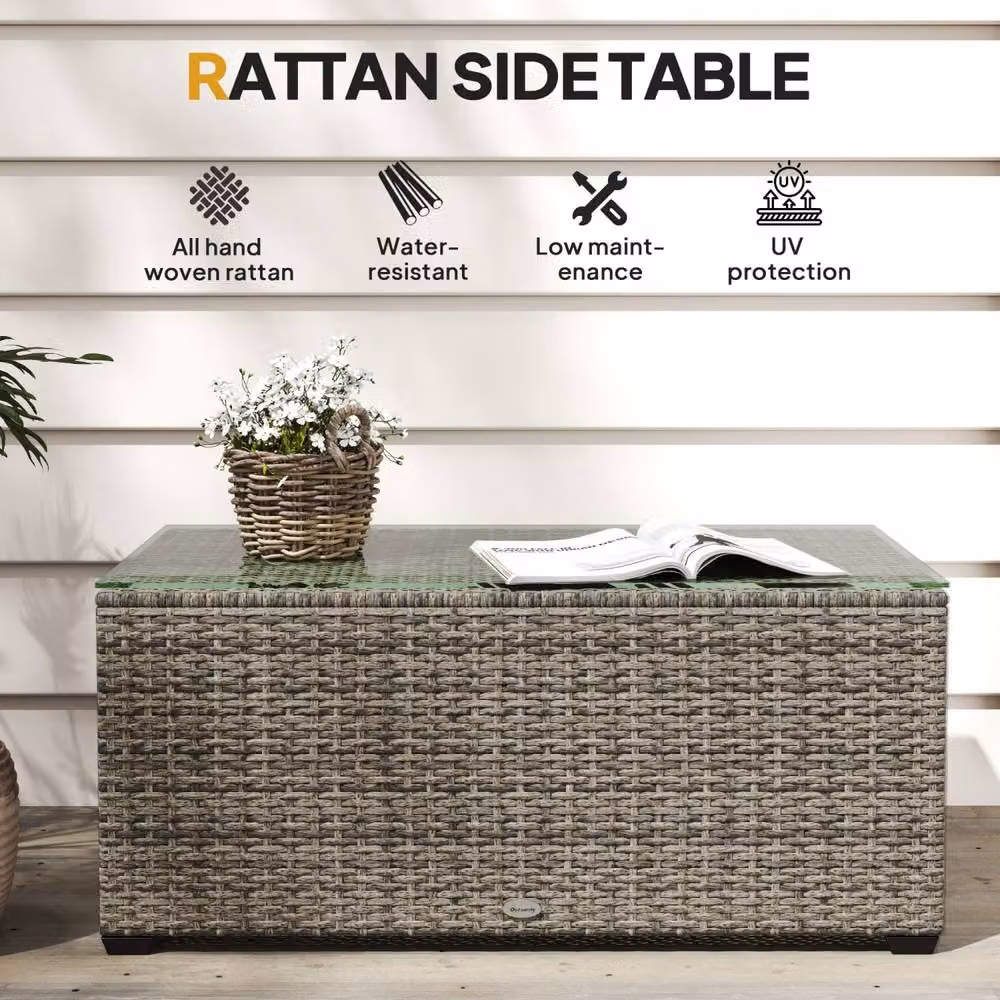 Wyld Haus Livatoli Rectangular Glass Top Side Table in Dark Grey Rattan and Powder Coated Steel – 3
