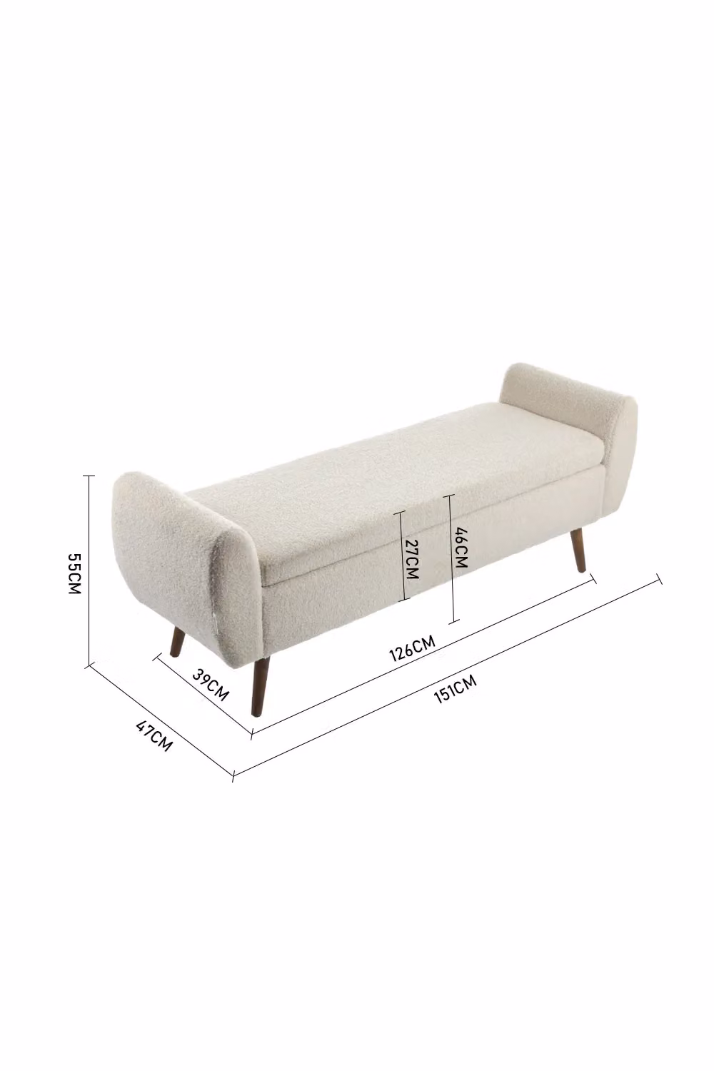 Living and Home Teddy Fur 2-Seat Upholstered Storage Bench with Armrests and Walnut Legs in Beige – 2