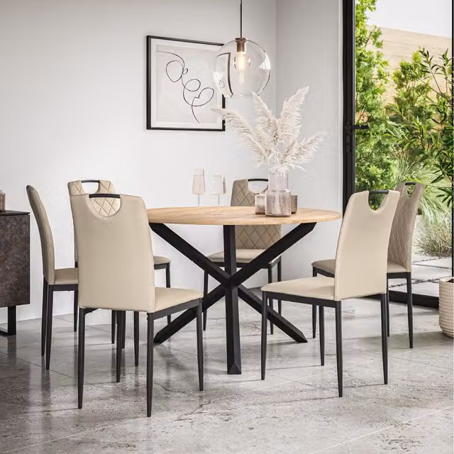 More4Homes Malvern Round Oak Effect Dining Table Set with 6 Beige Monza Chairs and Black Oak Legs, Diameter: 120 cm, Height: 75 cm