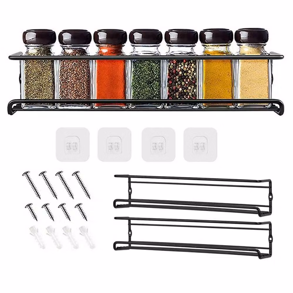 PAWNORA 2 Pack Black Metal Wall Mounted Spice Rack for Kitchen Cupboards – 5