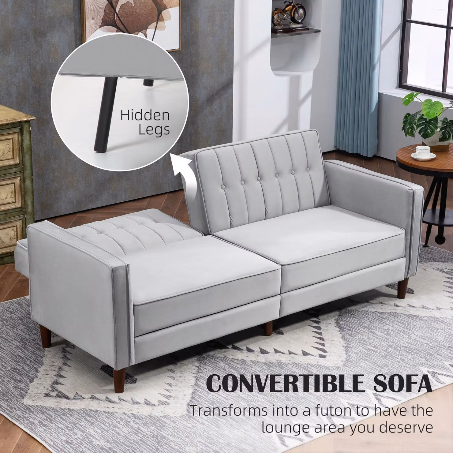 HOMCOM Convertible Velvet-Touch Tufted Sofa Bed in Light Grey with Metal Frame and Click-Clack Sleeping Function – 4