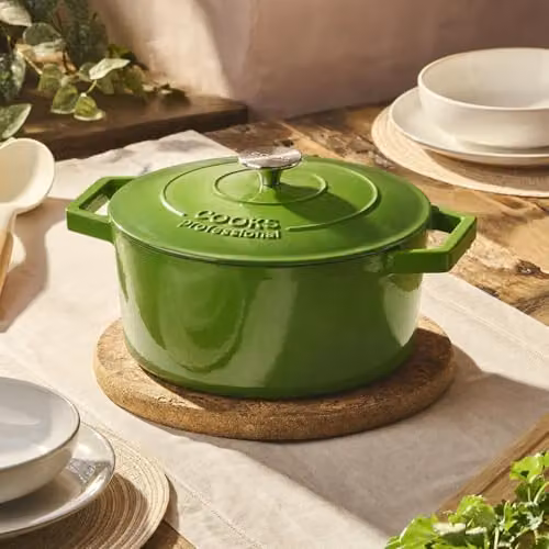 Cooks Professional Enamelled Cast Iron 26cm Casserole Dish with Lid and Handles, 5.8L, Green – 2