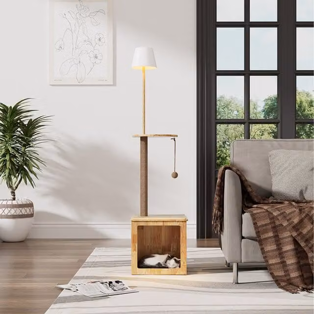 Lifeideas Brown Floor Lamp with Integrated Cat Tower and House featuring Wood and Sisal Materials