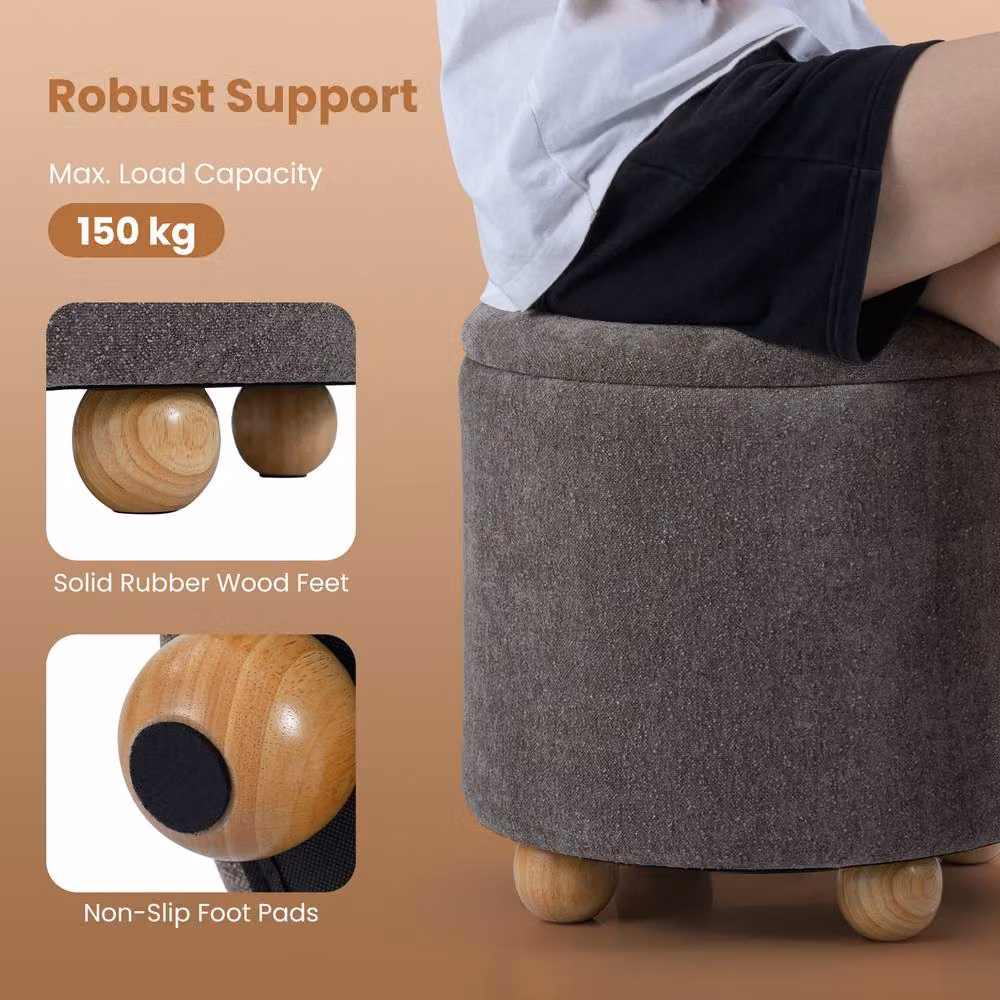 Costway Round Chenille Fabric Storage Ottoman and Footrest Stool with Removable Lid in Grey – 6