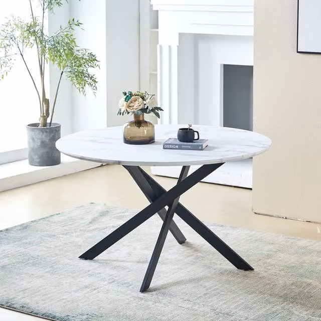 Modern Round White Marble Effect Dining Table with Gold X-Frame