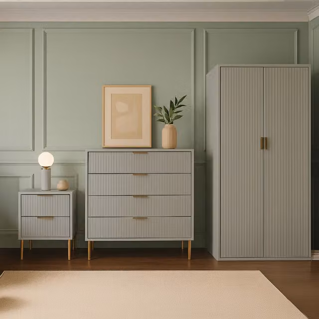 Home Treats Modern Ridged Bedroom Furniture Set in White, Gold, Grey and Multicolour with 80cm Wardrobe