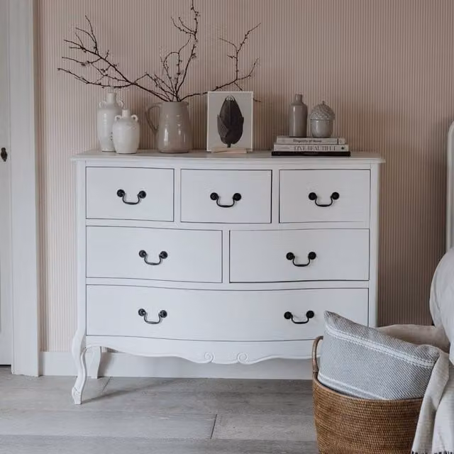 Statement Furniture Juliette Vintage Chic 6 Drawer Chest of Drawers in White, W/D/H: 120 x 40 x 96 cm