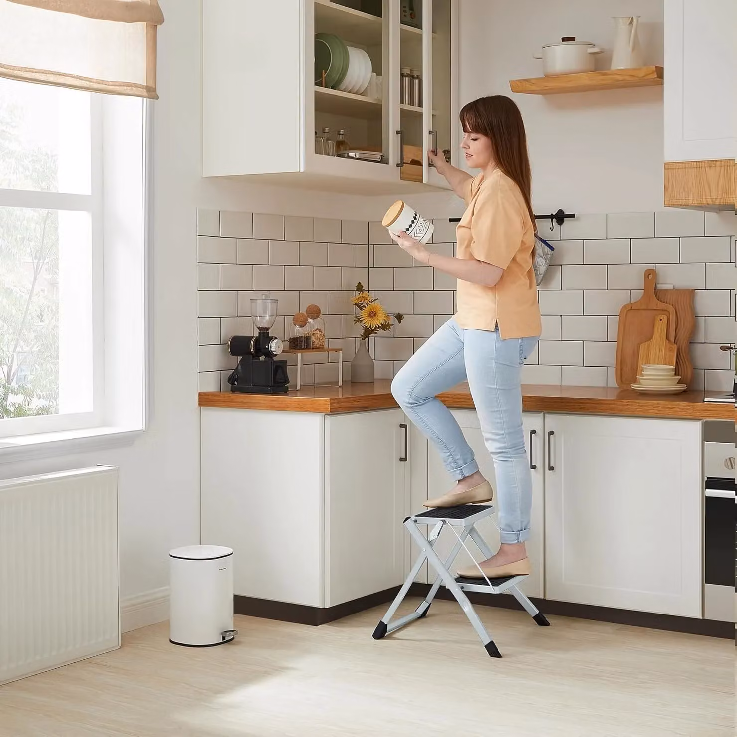 SONGMICS Heavy Duty 2-Step Steel Folding Ladder with Anti-Slip Mat in White – 2