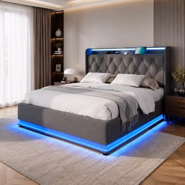 STILVORA King Size Ottoman Bed in Grey with LED Lighting, USB Charging Ports and Under-Bed Storage, W/D/H: 180 x 200 cm