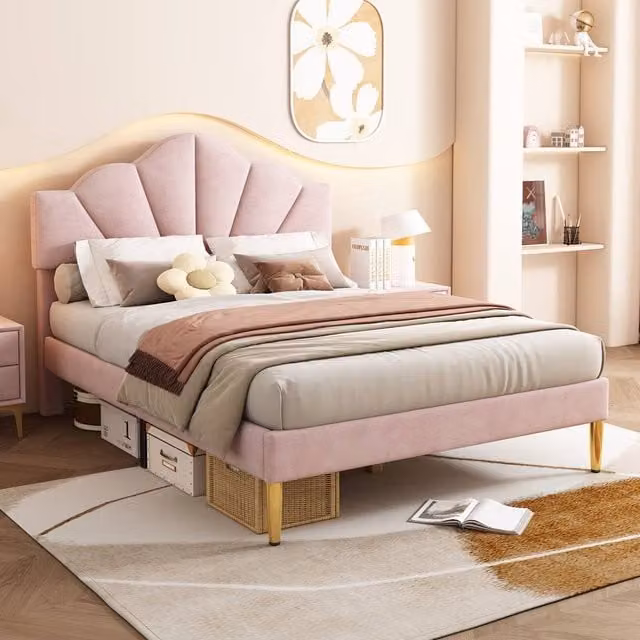 Merax Shell-Like Velvet Upholstered Double Bed with Adjustable Headboard in Pink, W/D/H: 140 x 200 cm – 1