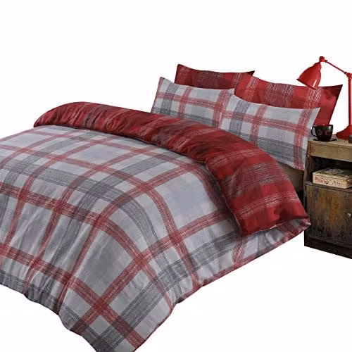 Dreamscene Boston Check Reversible Brushed Cotton Flannelette Duvet Cover and Pillowcase Set, Red, Grey and Silver, W/D/H: 180 x 200 cm, Pillowcase: 50 x 75 cm