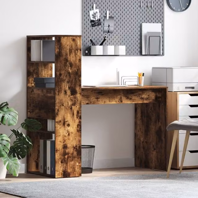 Berkfield Home Office Writing Desk with Storage in Smoked Oak Brown, W/D/H: 113 x 54 x 120 cm – 1