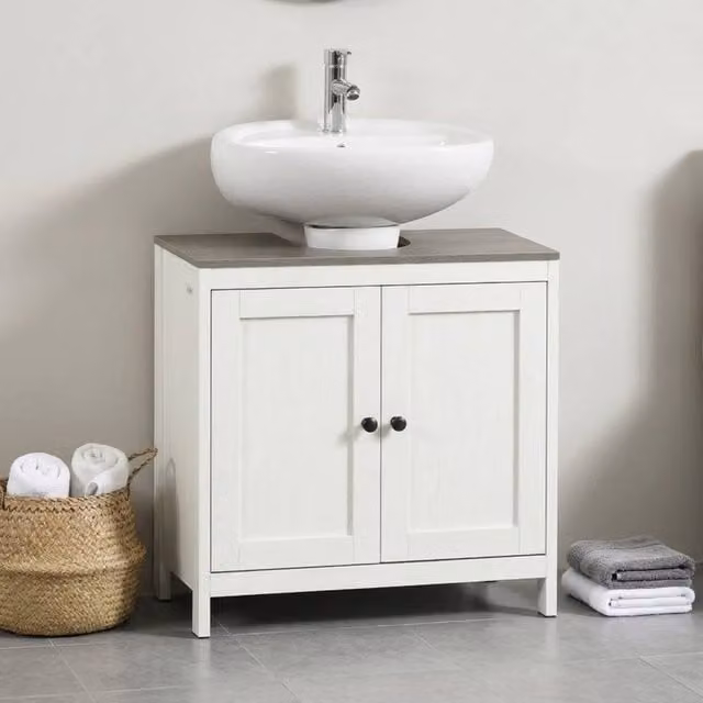 STILVORA Modern Freestanding Under Sink Bathroom Cabinet with Internal Shelves and Hinged Doors in White and Grey – 1