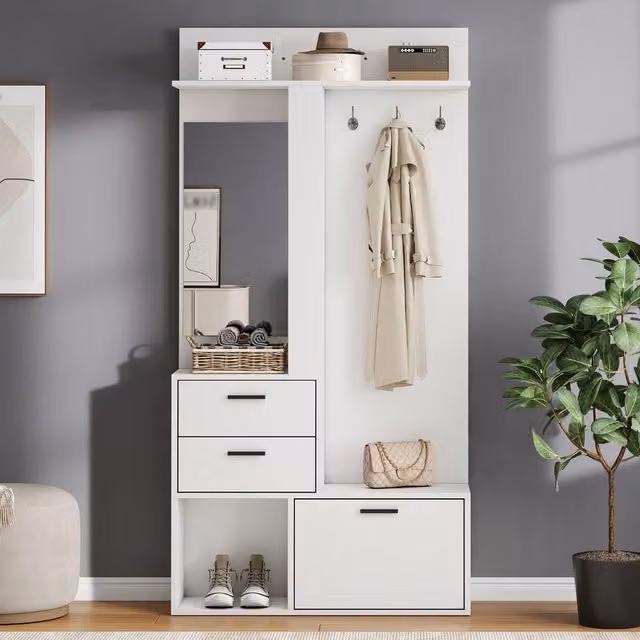 Matteo Modern White Hallway Furniture Set with Mirror, Coat Rack and Shoe Cabinet