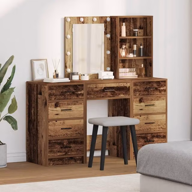 Berkfield Home 3-Piece Hollywood LED Dressing Table Set in Brown Old Wood Finish