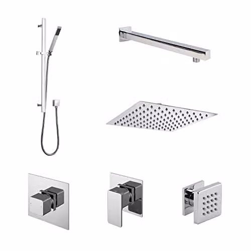 nuie SBS135ST3 Windon Spa Modern Bathroom Shower Bundle in Chrome with Temperature Valve, 3 Stop Taps, Overhead Shower, Hand Shower, Slide Rail Kit and 3 Body Jets