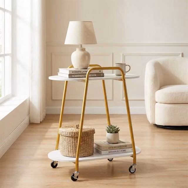 Costway 2-Tier Rolling End Table with Faux Marble Top and Castors in White