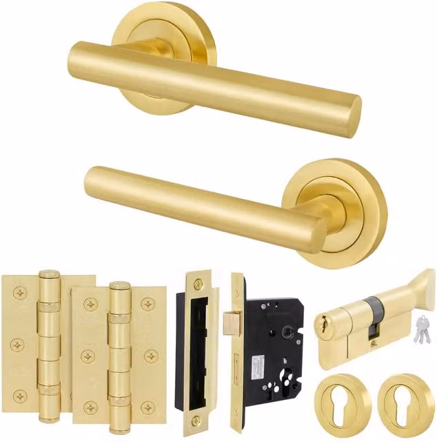 AFIT Satin Brass Euro Thumbturn Cylinder Door Handle, Lock and Hinges Set in Gold – 1
