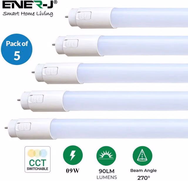 ENER-J 5 Pack T8 LED Tube 60cm 9W CCT Switchable Colour Temperature in White