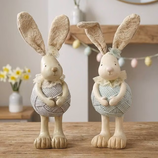 Garden Greatness Springtime Duo Standing Rabbit Ornament, Multicolour Ceramic Tabletop Easter Decoration