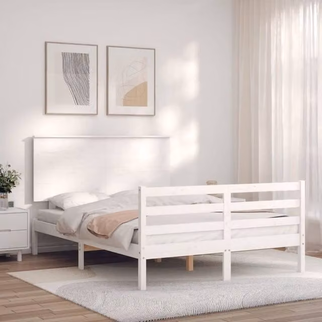 Berkfield Home Beautiful Solid Wood Pine Bed Frame with Headboard in White, W/D/H: 120 x 200 cm – 1