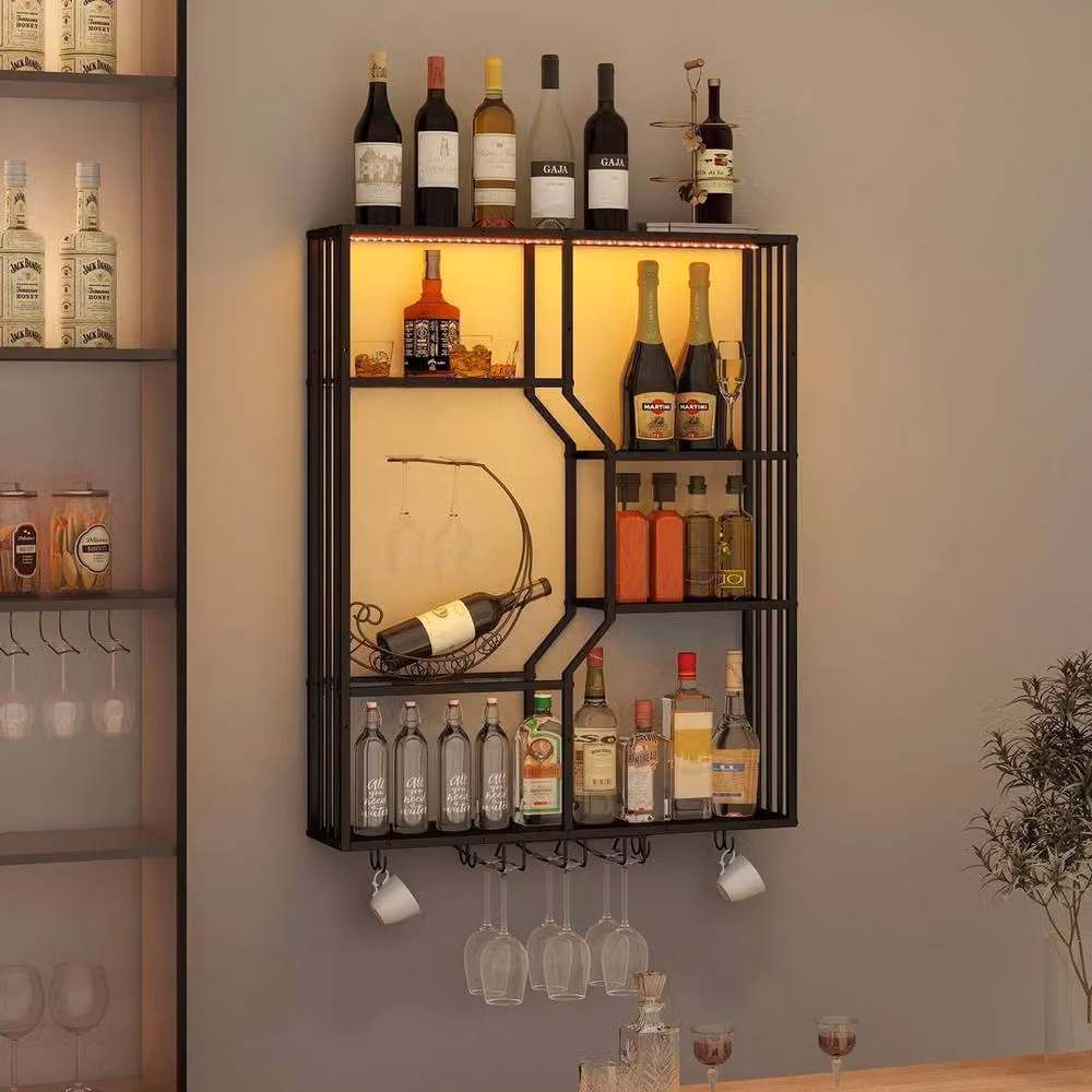 FORGEVIO Wall Mounted Metal Wine Rack with RGB LED Lighting in Matt Black, Width: 50 cm – 2