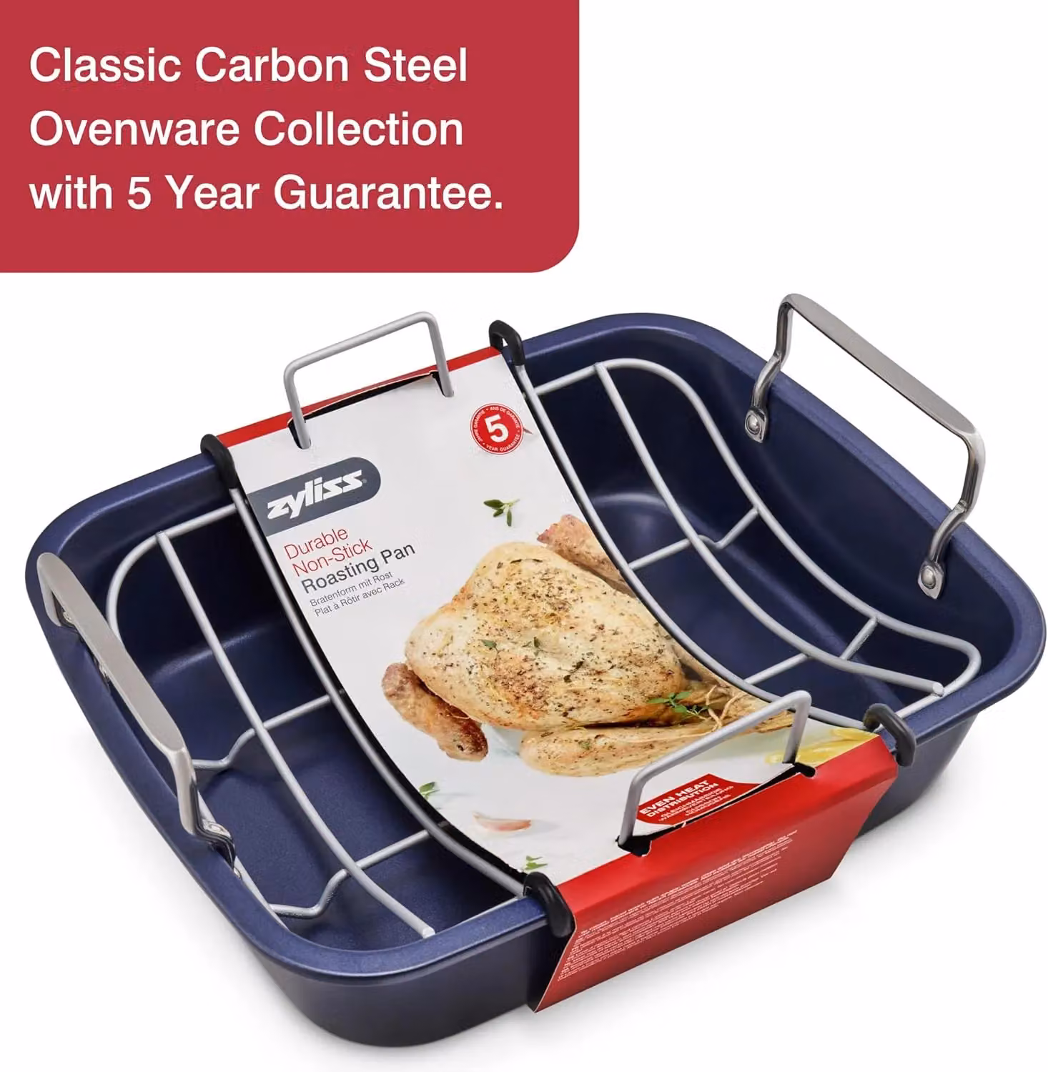 Zyliss Non-Stick Carbon Steel Rectangular Roasting Tin with Rack, Blue, W: 40.5 cm, D: 34.0 cm, H: 13.5 cm – 7