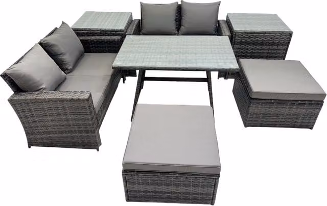 Fimous 6 Seater Outdoor Furniture Set in Dark Grey with Double Seat Sofa, 2 Big Stools, 2 Side Tables and Glass Top Table