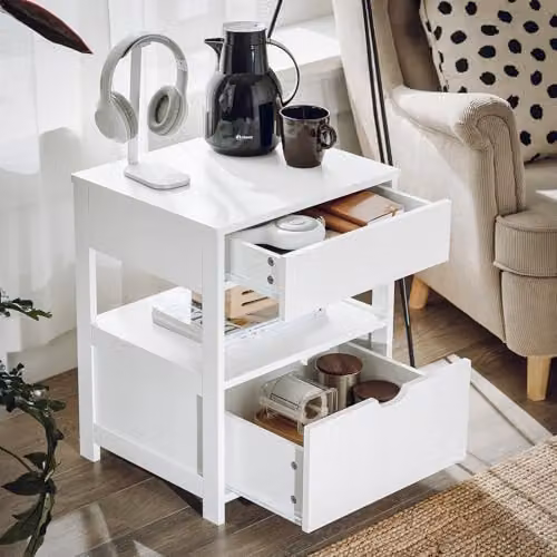 SoBuy Bedside Table with 2 Drawers and Shelf, White, W: 45 cm, D: 38 cm, H: 55 cm – 3