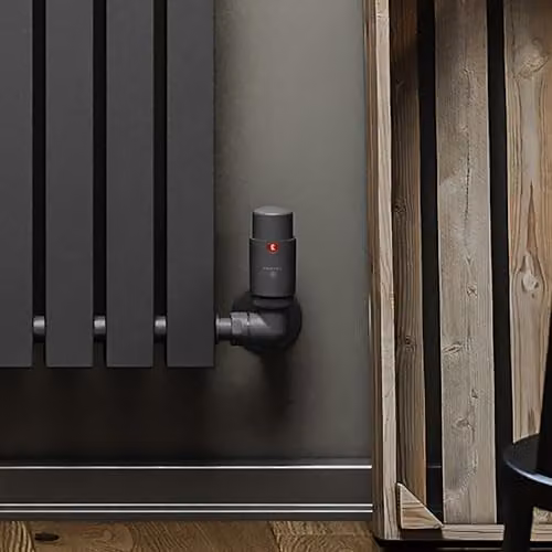 Terma Vario Vision 3-Axis Corner Accessory Valve Set in Modern Grey with Pipe Masking and Thermostat Head