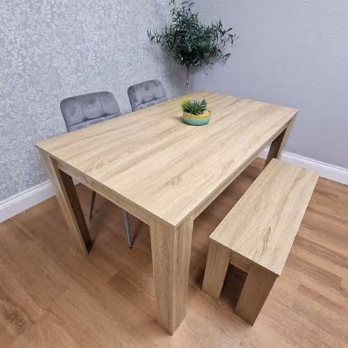 KOSY KOALA Dining Table Set with Oak Effect Rectangular Table, 2 Grey Velvet Chairs and 1 Bench