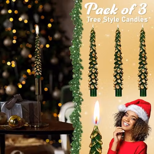 Deco Express Christmas Tree Dinner Candle Set in Green and Gold – 6