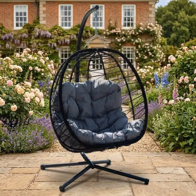 Rosewood & Stone Home Calke Single Egg Chair in Dark Grey and Black with Sheesham Rattan and Metal Frame, H 190 x W 107 x D 105 cm