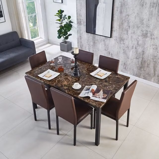 MODERNIQUE Brown Marble Effect MDF Dining Table and 6 Chairs Set