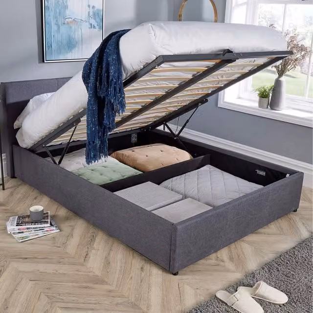 Home Source Endura End Lift Ottoman Bedframe in Grey Fabric, W/D/H: 140 x 200 cm