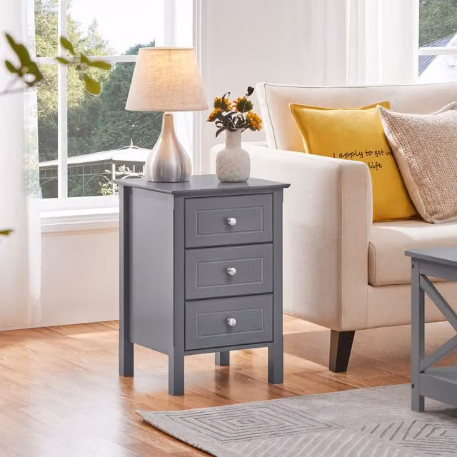 Yaheetech Set of 2 Modern Grey End Tables with 3 Drawers and Metal Knobs