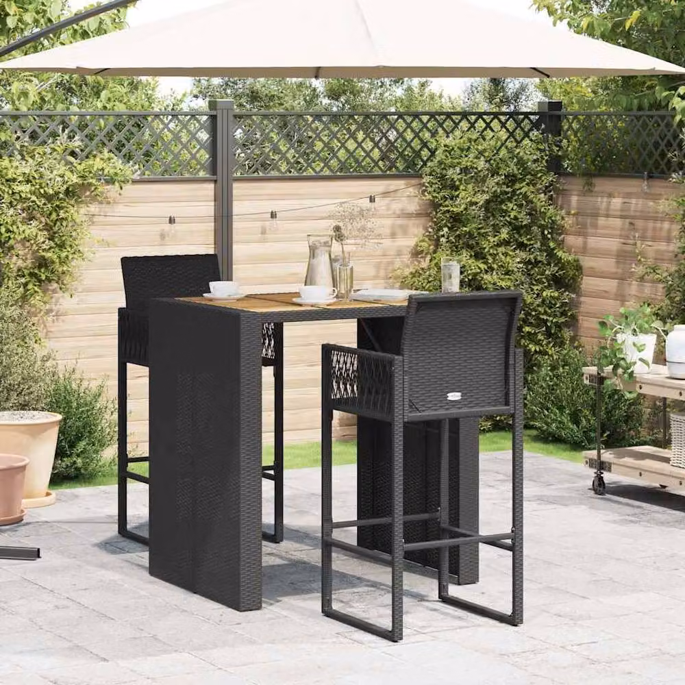 Berkfield Home 3 Piece Black Poly Rattan Garden Bar Set with Acacia Wood – 3